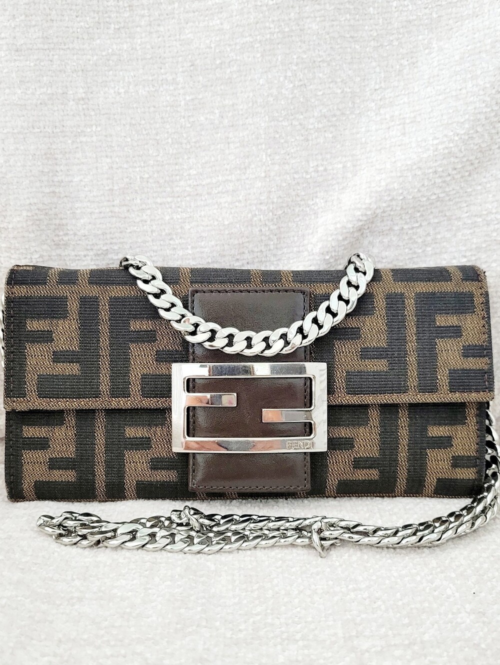 Fendi Zucca Brown/Black FF Logo Chain Crossbody Wallet Pochette